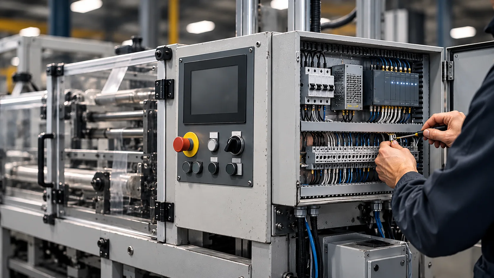 Technicien câblant un automate, une alimentation et des disjoncteurs dans un coffret ajouté sur le côté d'une machine d'emballage des années 2000